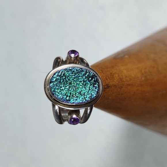 Peacock Druzy Quartz w/Amethyst Sterling Silver Ring - Picture 4 of 12